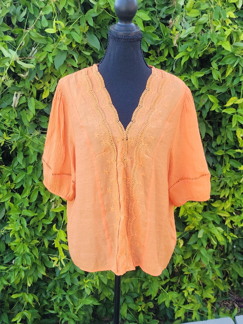 Nanette Lepore Bright Orange Boho Embroidered Blouse XL